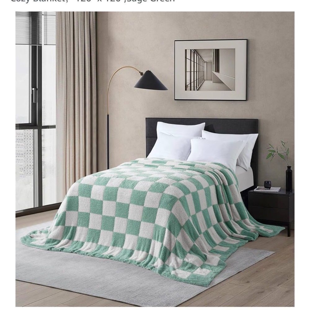 Elegant Sage and White Checkered Throw Blanket